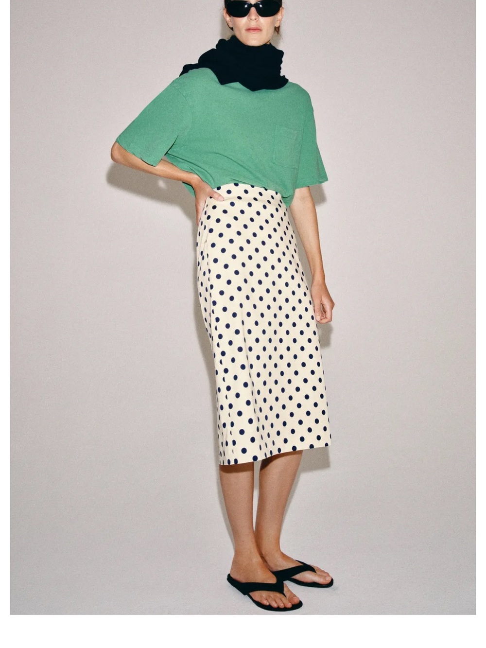 Zara Cream Midi Skirt with Navy Polka Dots